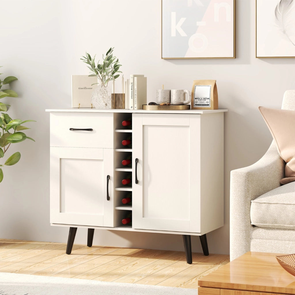 Credenza buffet-Armadio da cucina con cubi per vino da 6 bottiglie, Armadio da bar moderno con cassetto per cucina e soggiorno Bianco