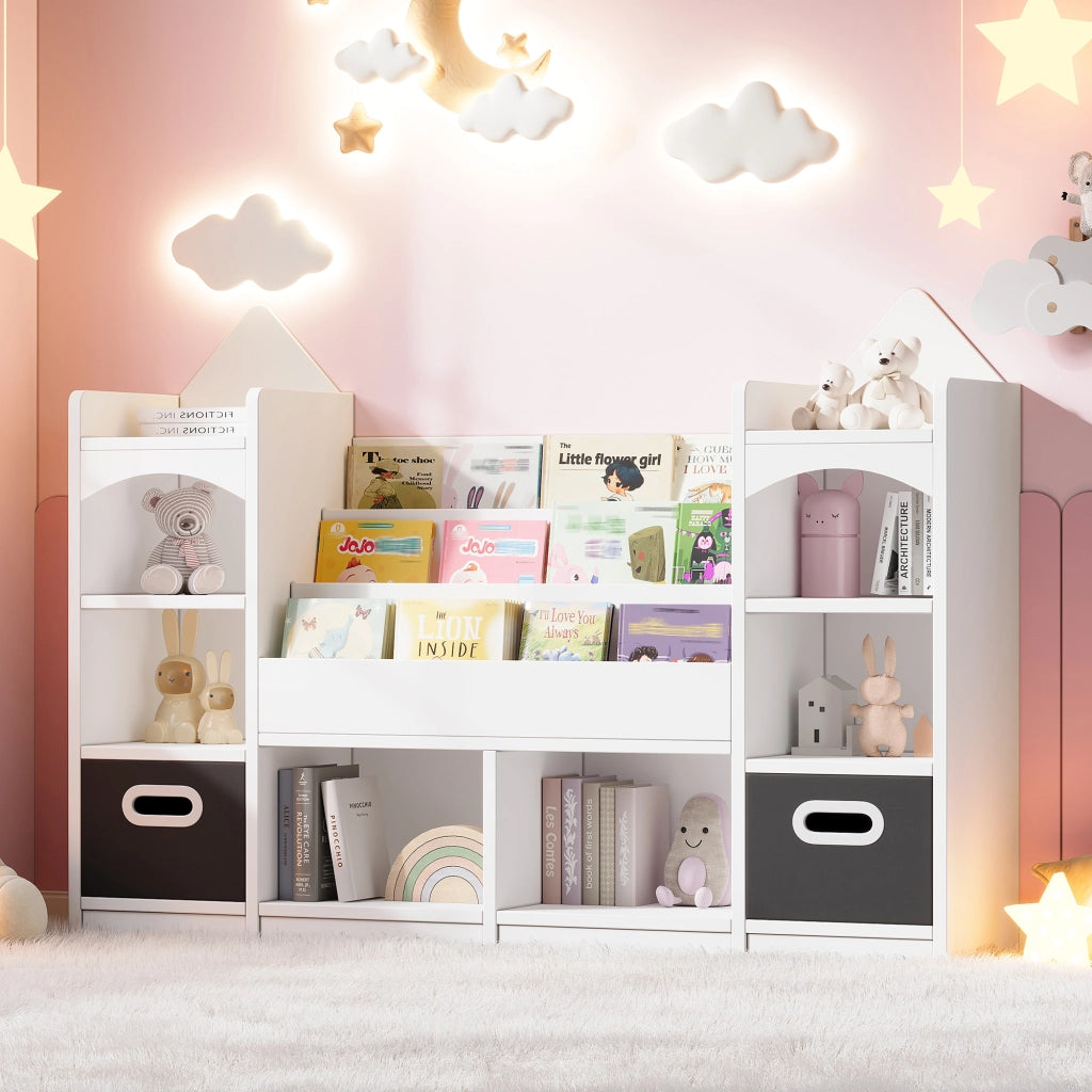SCAFFALE per libri e giochi 130x30x90 cm Bianco con 2 box pieghevoli
