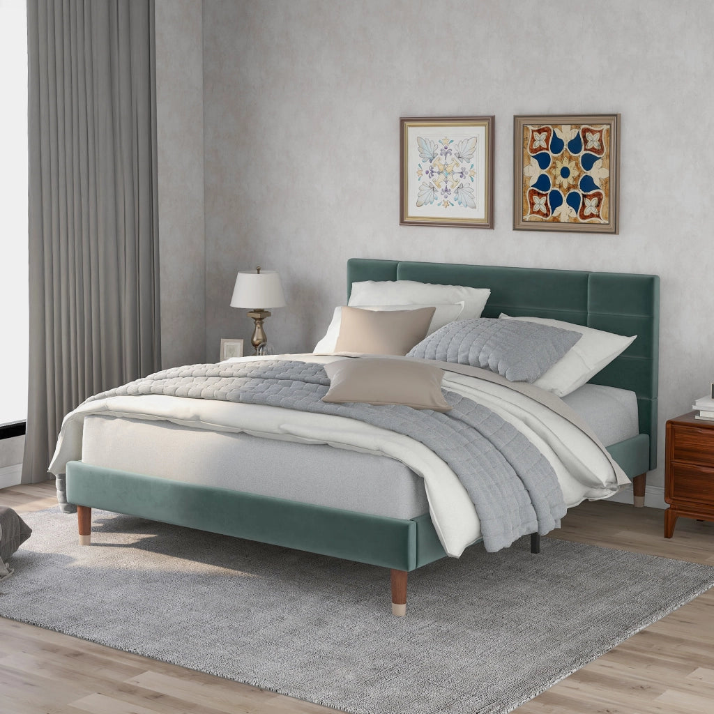 Letto Matrimoniale 140×200 cm; Letto Imbottito in Velluto con Testiera Trapuntata e Spazio Sottoletto; senza Materasso; Verde