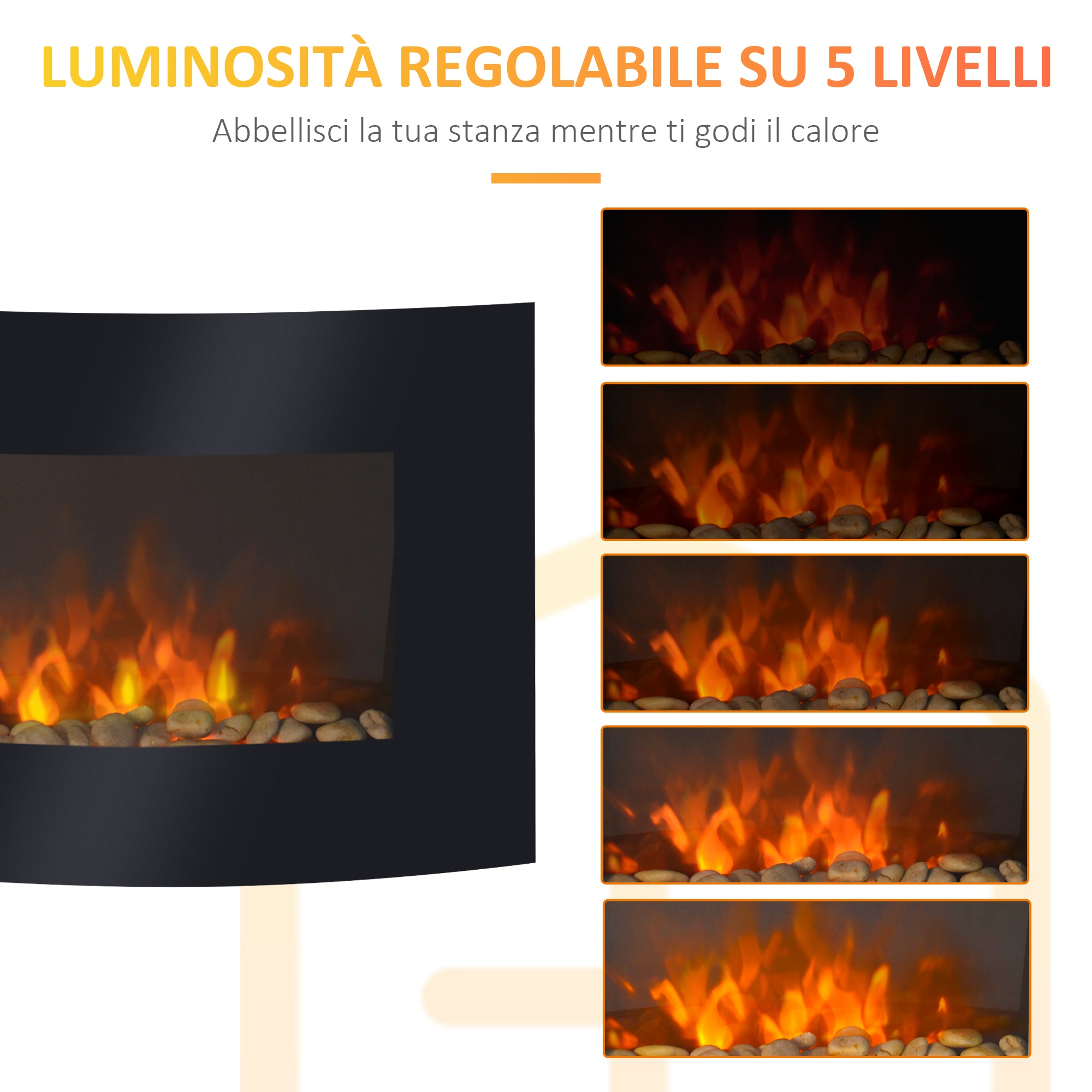 Camino Elettrico da Parete con 2 Livelli di Riscaldamento 900-1800W Fiamma 7 Colori e Telecomando Nero