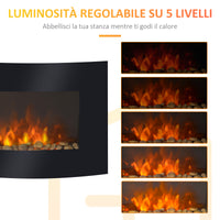 Camino Elettrico da Parete con 2 Livelli di Riscaldamento 900-1800W Fiamma 7 Colori e Telecomando Nero