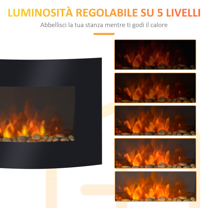 Camino Elettrico da Parete con 2 Livelli di Riscaldamento 900-1800W Fiamma 7 Colori e Telecomando Nero