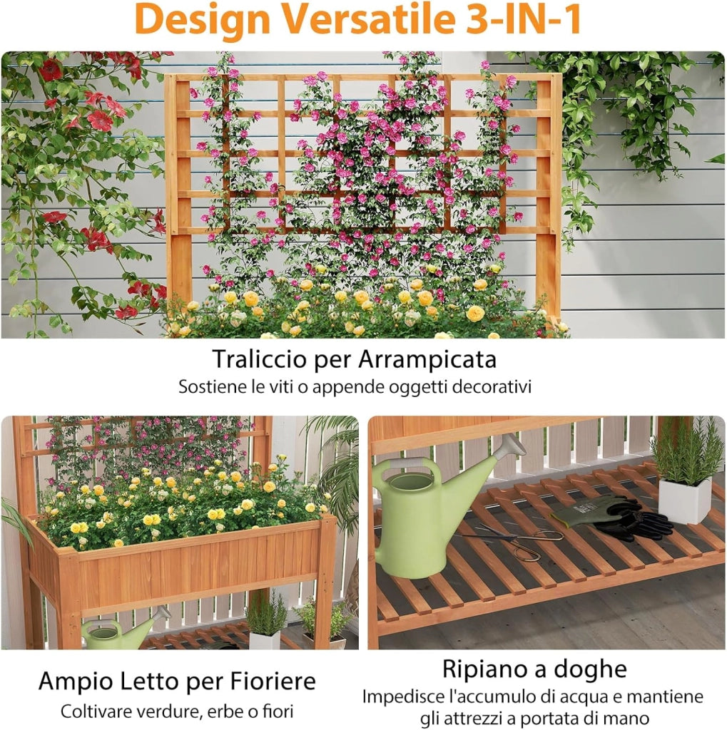 Letto da Giardino Rialzato, Fioriera Elevata con Traliccio, Mensola di Stoccaggio e Fori di Drenaggio, Orto Rialzato per Cortile, Giardino e Patio, 116 x 59 x 150 cm (Marrone)