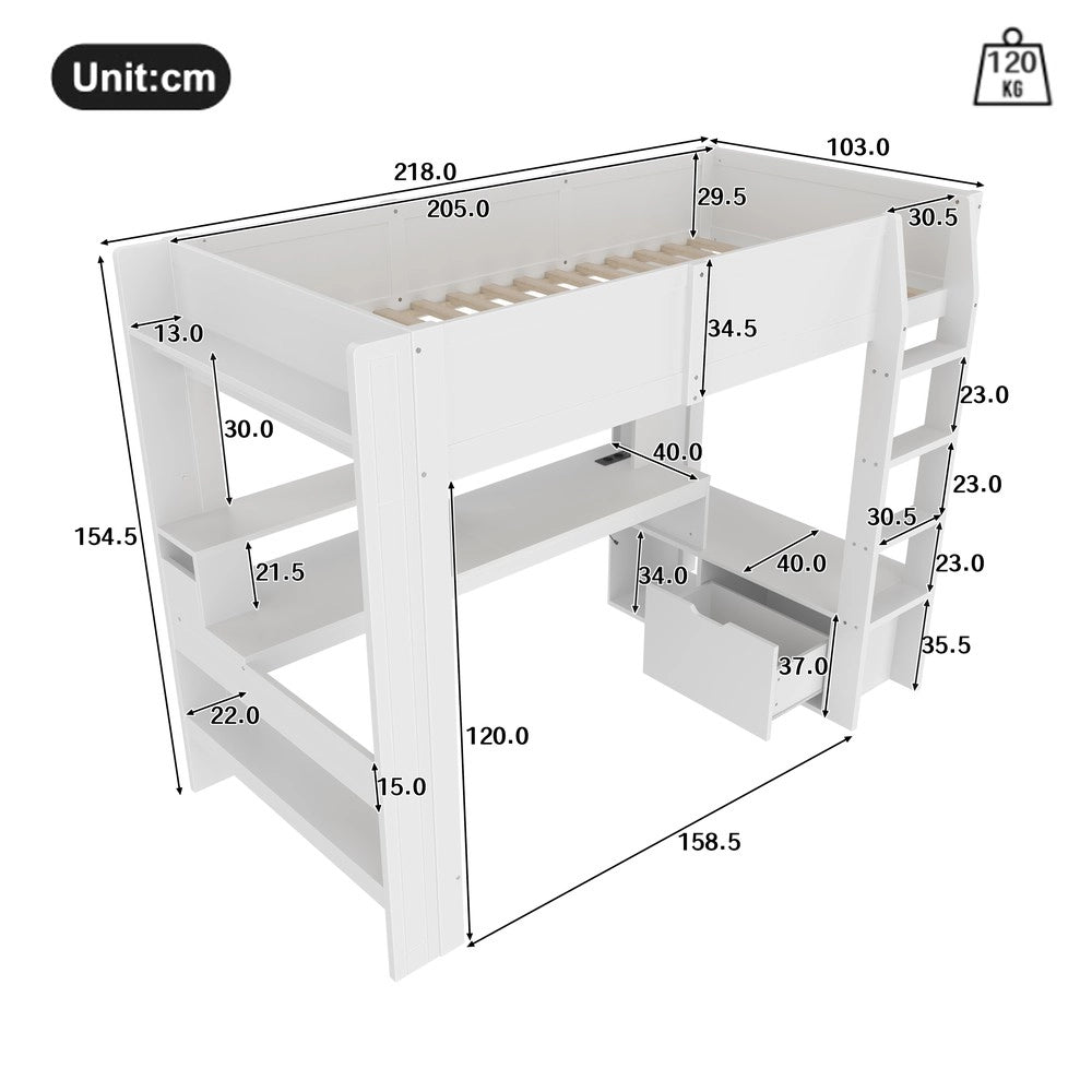 Letto a Soppalco con Scrivania e LED ¨C MINIMAL ¨C Bianco, 90x200, con Cassetto e Ripiani