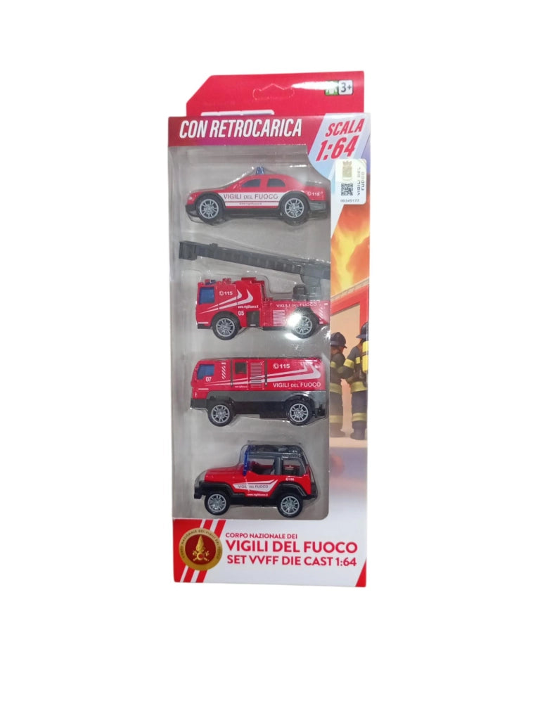 Set 4 veicoli a retrocarica Vigili del fuoco, Scala1:64, Reel Toys, Eta 3+