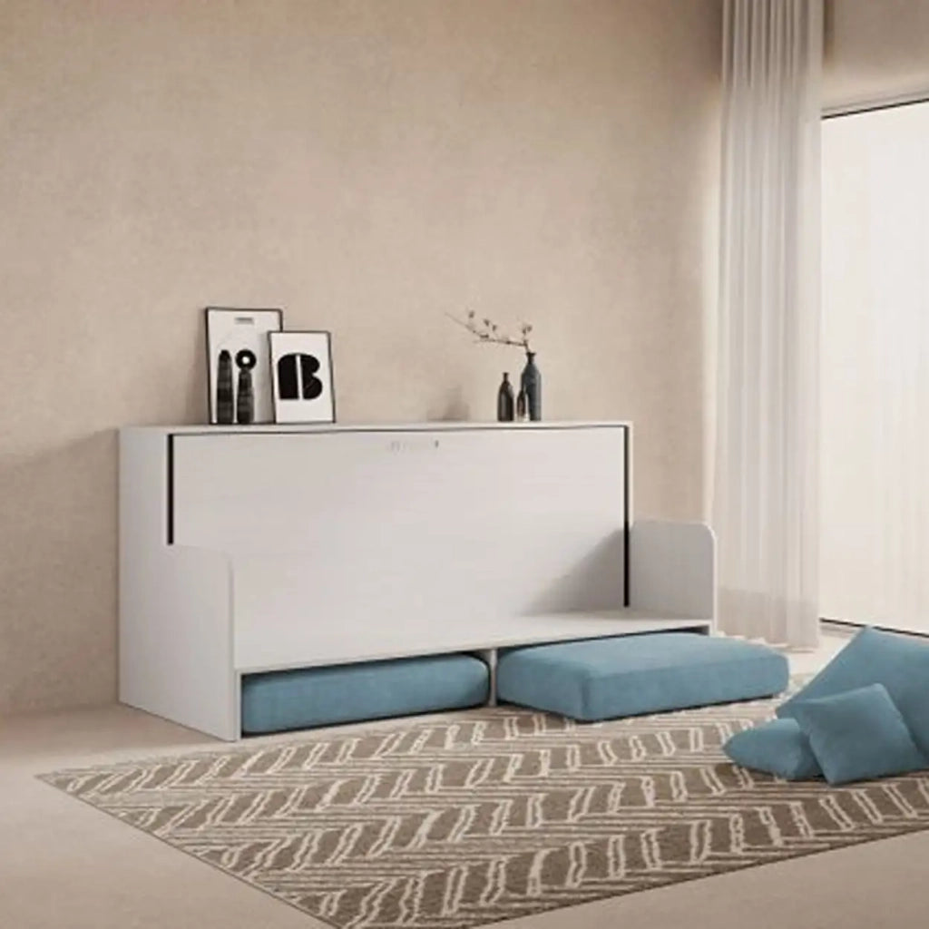 Letto singolo a scomparsa Kando con divano con materasso bianco frassino, azzurro