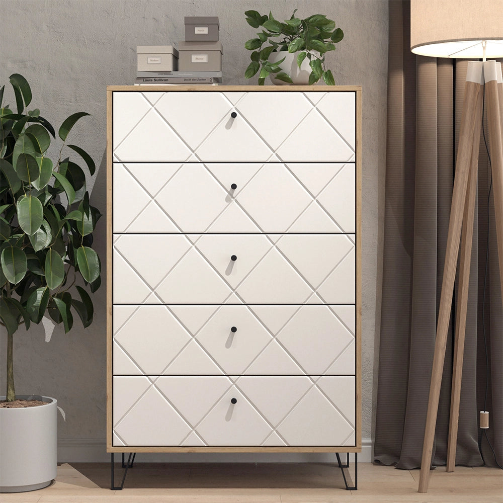 Vicco Cassettiera per camera da letto Artigianale/Bianco 80.2 x 127.4 cm con 5 cassetti