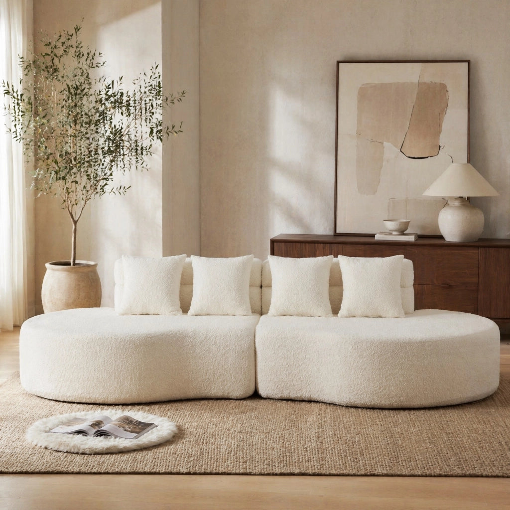 Divano modulare a 2 elementi in ciniglia beige con schienale a livelli e forme arrotondate in schiuma