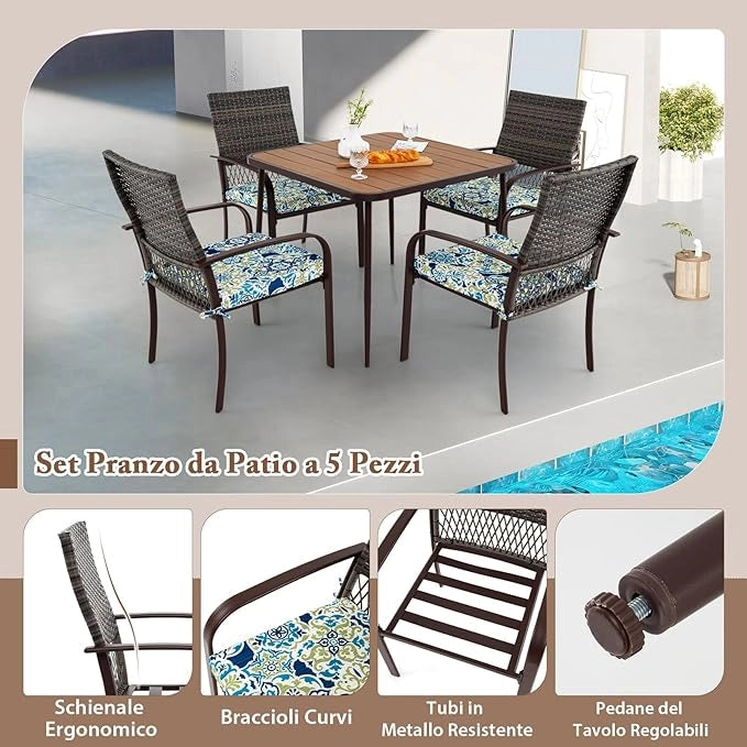 Set 5 Pezzi Tavolo e Sedie da Esterno, Tavolo Quadtato con Piano in Legno Plastica e Foroe per Ombrellone e 4 Poltrone in Rattan con Cuscini, Mobile per Giardino, Terrazza e Bordo Piscina