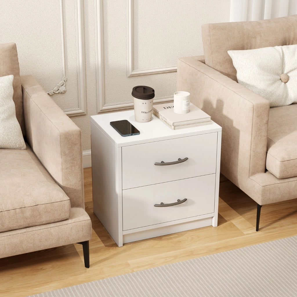 Comodino a 2 cassetti in legno con ripiano-Tavolino da notte compatto da pavimento per soggiorno camera da letto Bianco