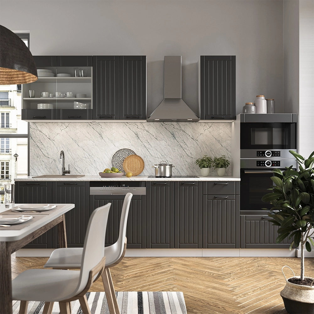 Cucina componibile Fame-Line Antracite rustico/Bianco 300 cm con armadio alto, PL Marmo Vicco