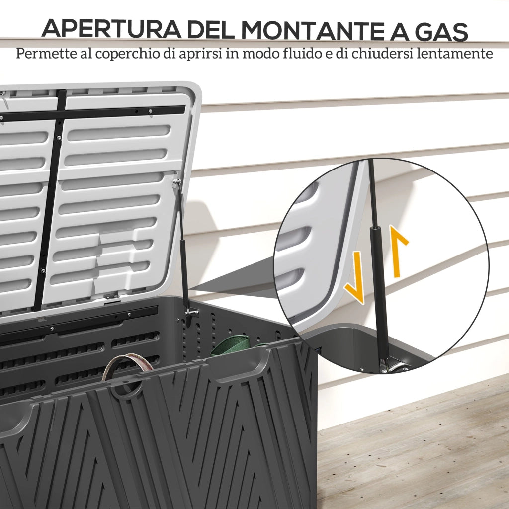 Panca Contenitore Capacità 380L con 2 Maniglie e Leva a Gas in HDPE Nero e Grigio