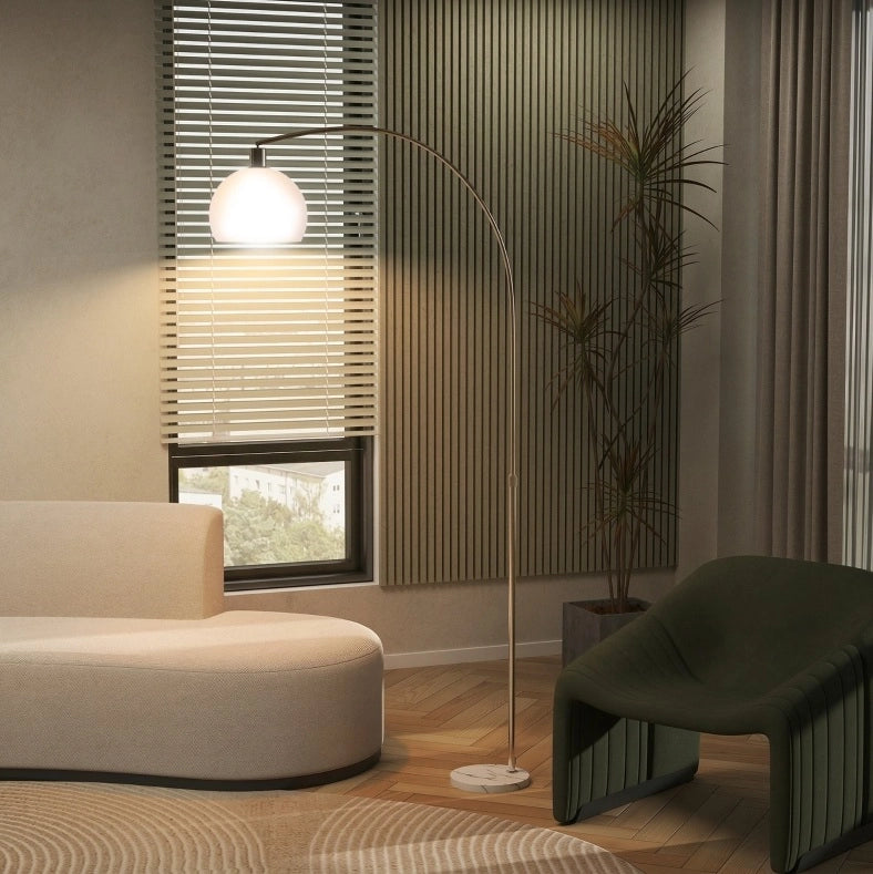 Lampada da Terra con Testa Curva, Interruttore a Pedale, Base in Marmo e Paralume in Plastica Bianca