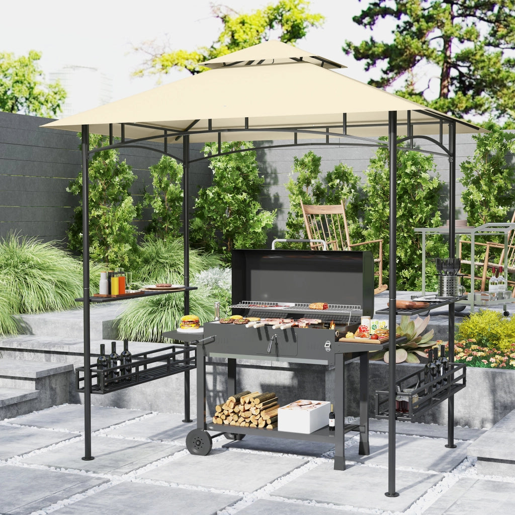 Pavillon da barbecue 240 x 150 x 257 cm, beige, in acciaio zincato con doppio tetto e ripiani laterali