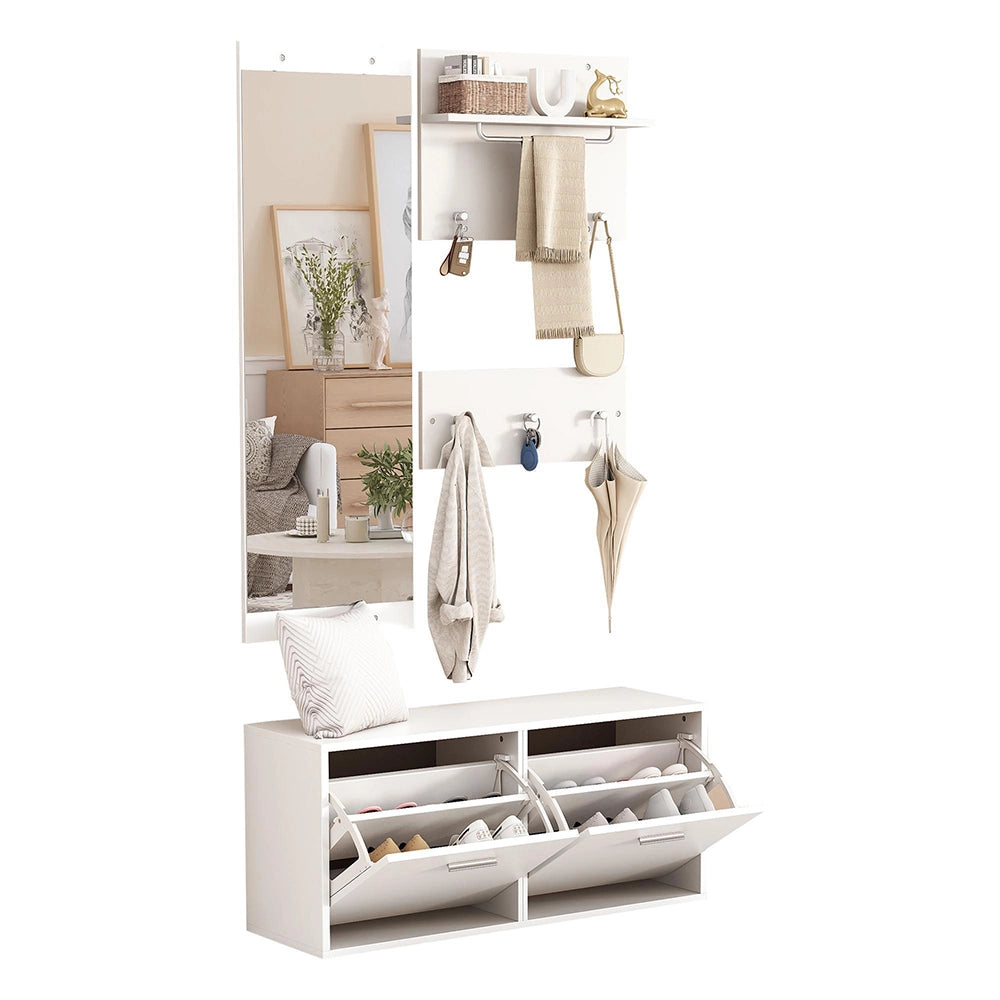 Set vestiario 4 pezzi con specchio - Xylo - 2 porta cappelli, armadio scarpe, 6 ganci, 90x30x41.5 cm, bianco