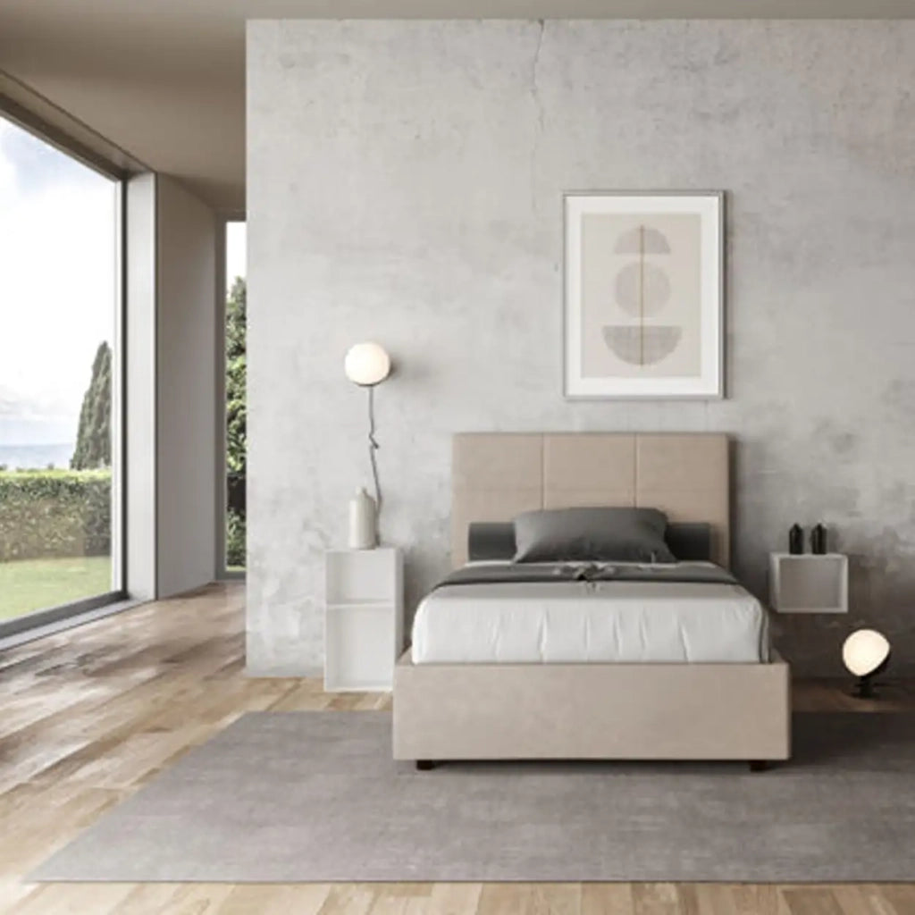 Letto una piazza e mezza con rete imbottito 120x200 microfibra sabbia Mika