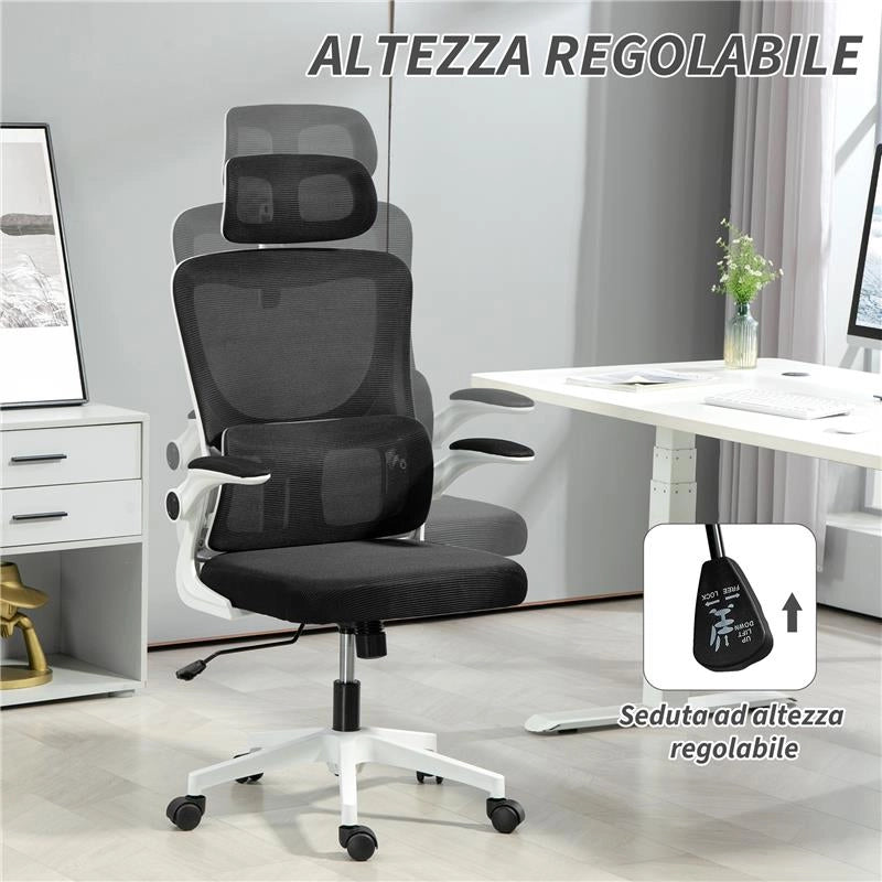 SEDIA DA UFFICIO REGOLABILE E RECLINABILE CON POGGIATESTA RIMOVIBILE, IN TESSUTO A RETE, 60X59X114-122 CM, NERO
