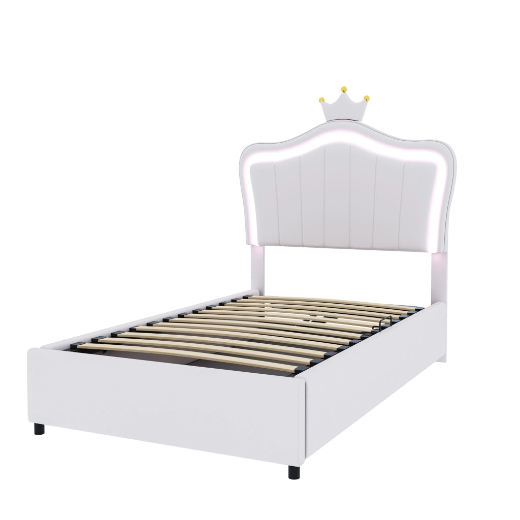 OKWISH Letto Contenitore 90×200 cm, Letto Singolo con LED Regolabile, Contenitore Idraulico e Testiera Regolabile, senza Materasso, Bianco
