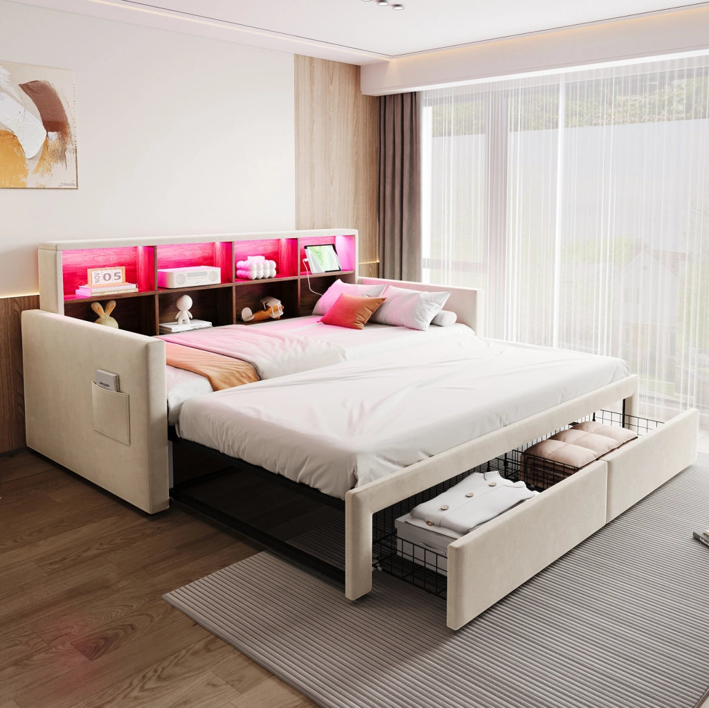 Divano letto imbottito estraibile 90x190 cm con LED; prese e cassetti; beige
