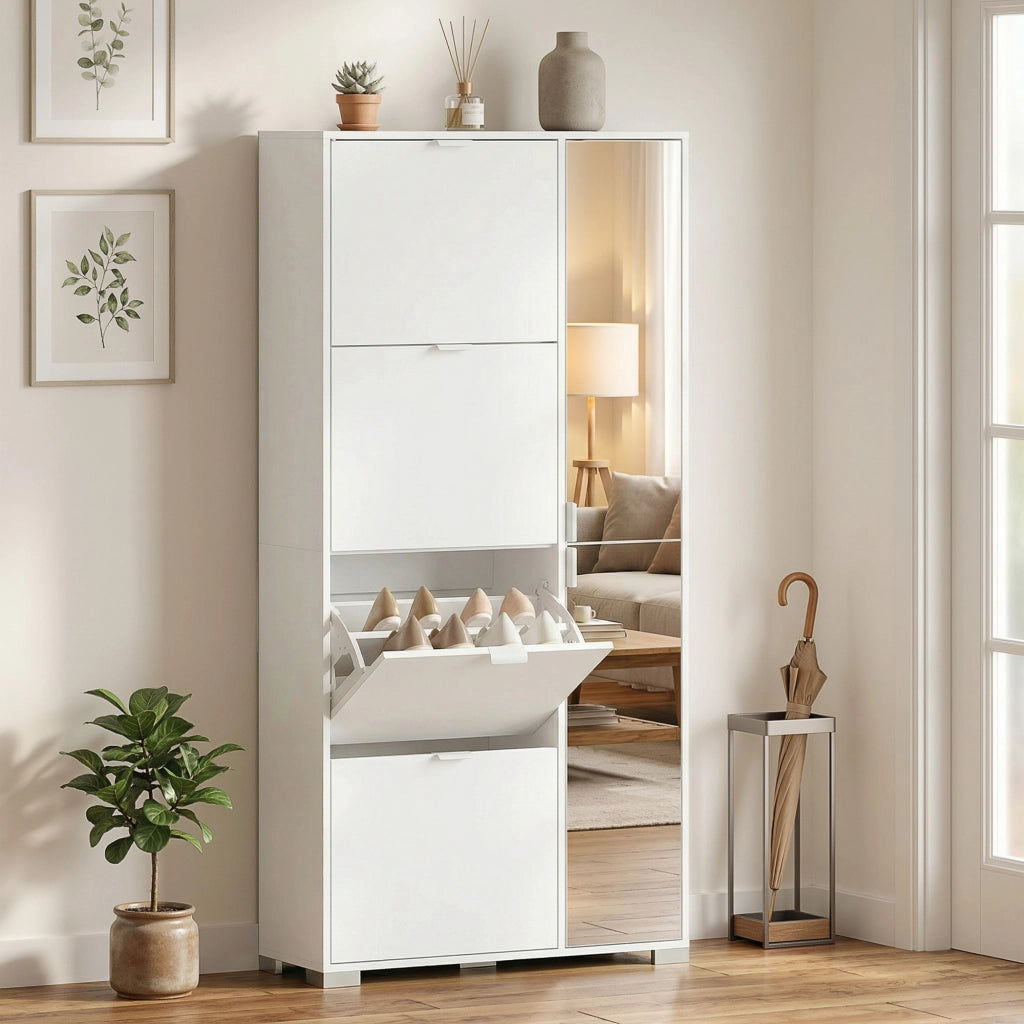 Scarpiera alta bianca 82×30×168 cm con specchio, 4 cassetti ribaltabili e armadietto laterale, mobile multiuso salvaspazio per ingresso casa