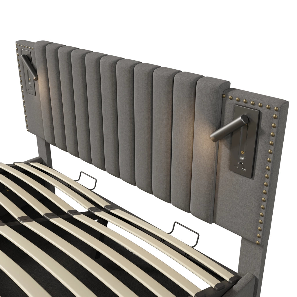 Letti contenitori 180x200 cm; testiera regolabile con luce e USB; cotone grigio (Senza materasso)