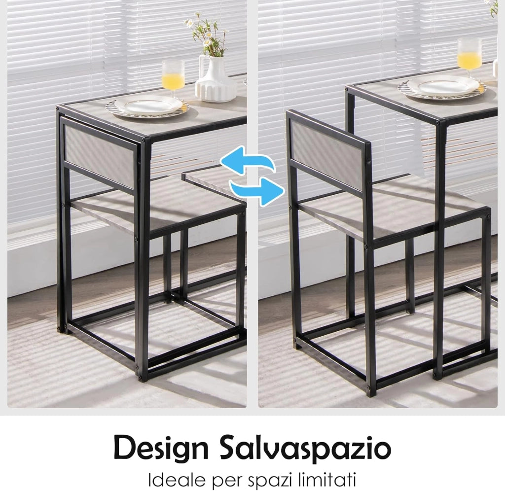 3 Pezzi Set Mobili da Pranzo, con Tavolo e 2 Sedie da Cucina, Struttura di Metallo e Legno, Rustico Elegante (Nero + Grigio)