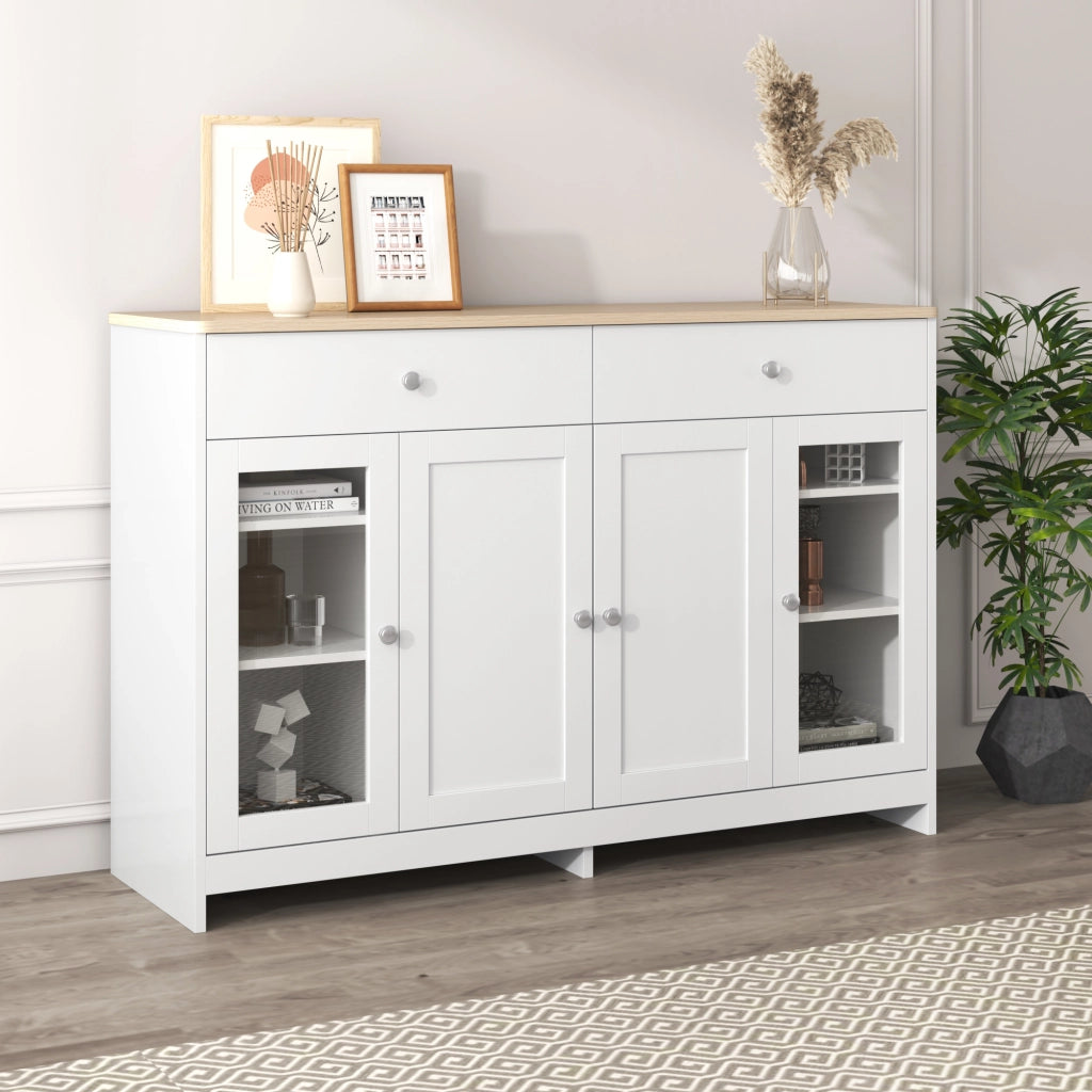 Credenza e Madia con 4 Ante di cui 1 in Vetro; 2 Cassetti e Ripiani Regolabili; Stile Country; in MDF; 120??37??80 cm; Bianco