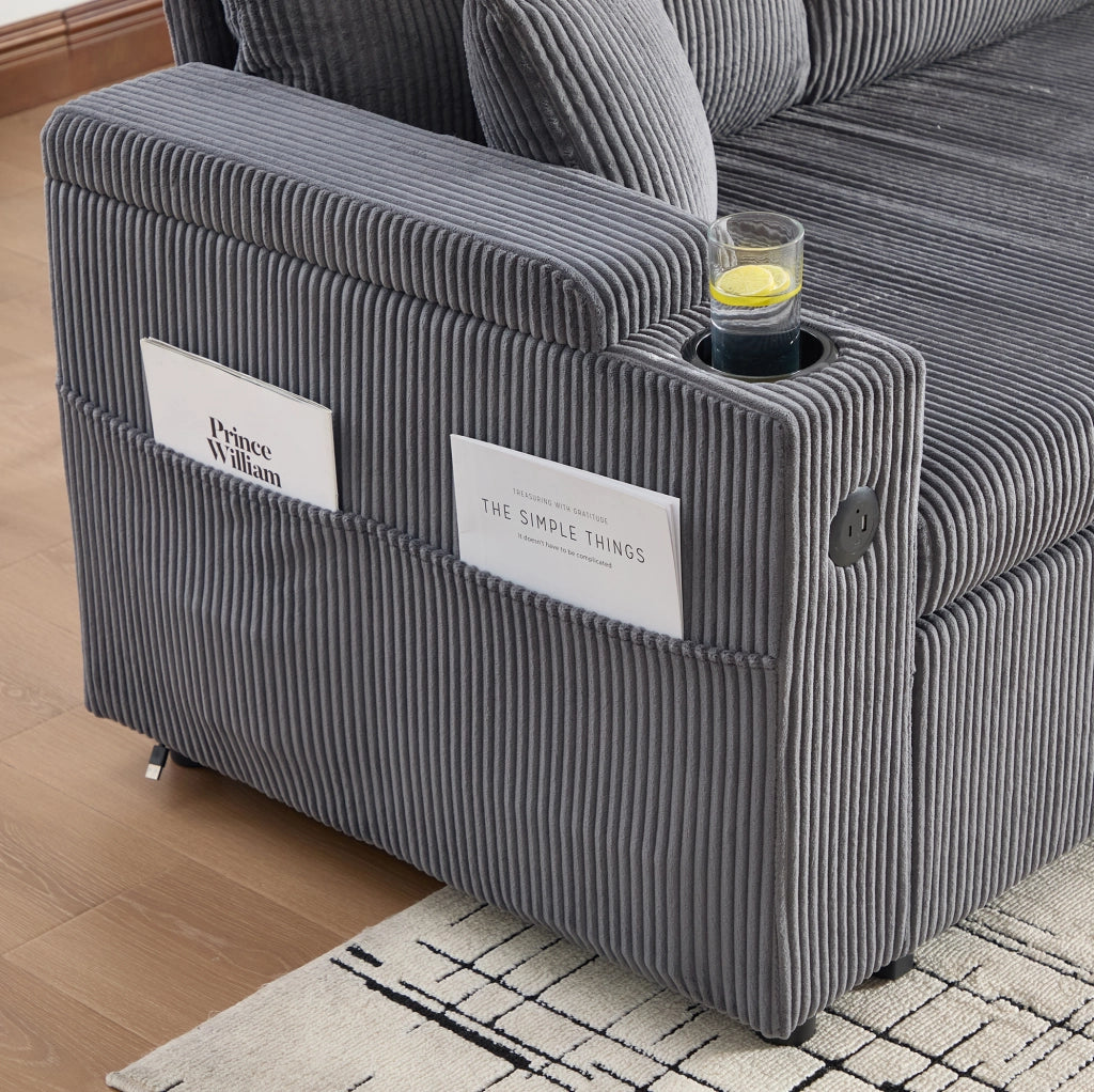 Divano letto 212.5x136x86 cm con penisola idraulica; letto estraibile in corduroy grigio carbone