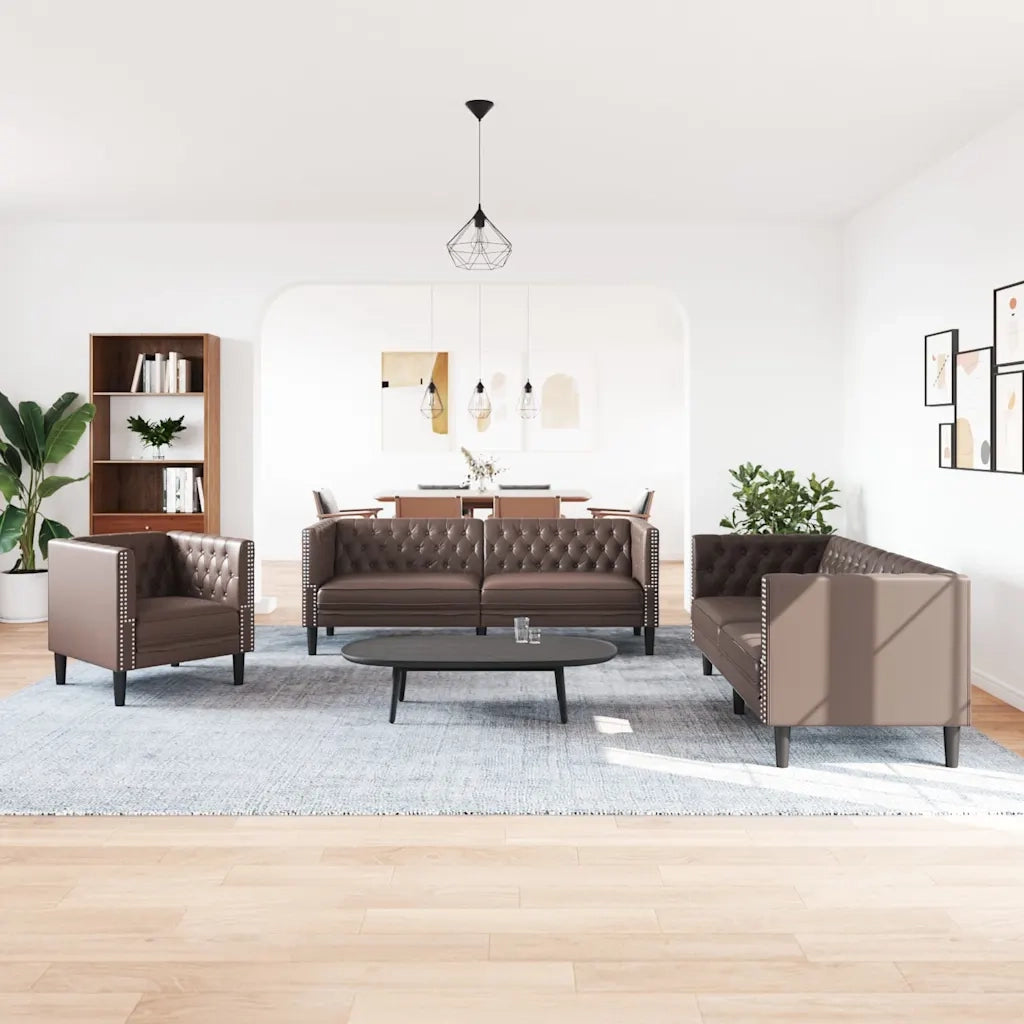 vidaXL Set Divani Chesterfield 3pz Marrone in Similpelle