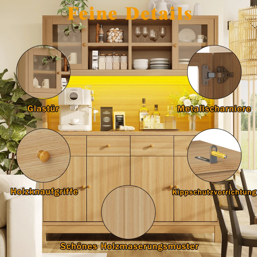 Credenza alta con LED RGB, ante in vetro, 4 cassetti e ripiani regolabili, in MDF effetto legno, 140 × 38,5 × 180 cm