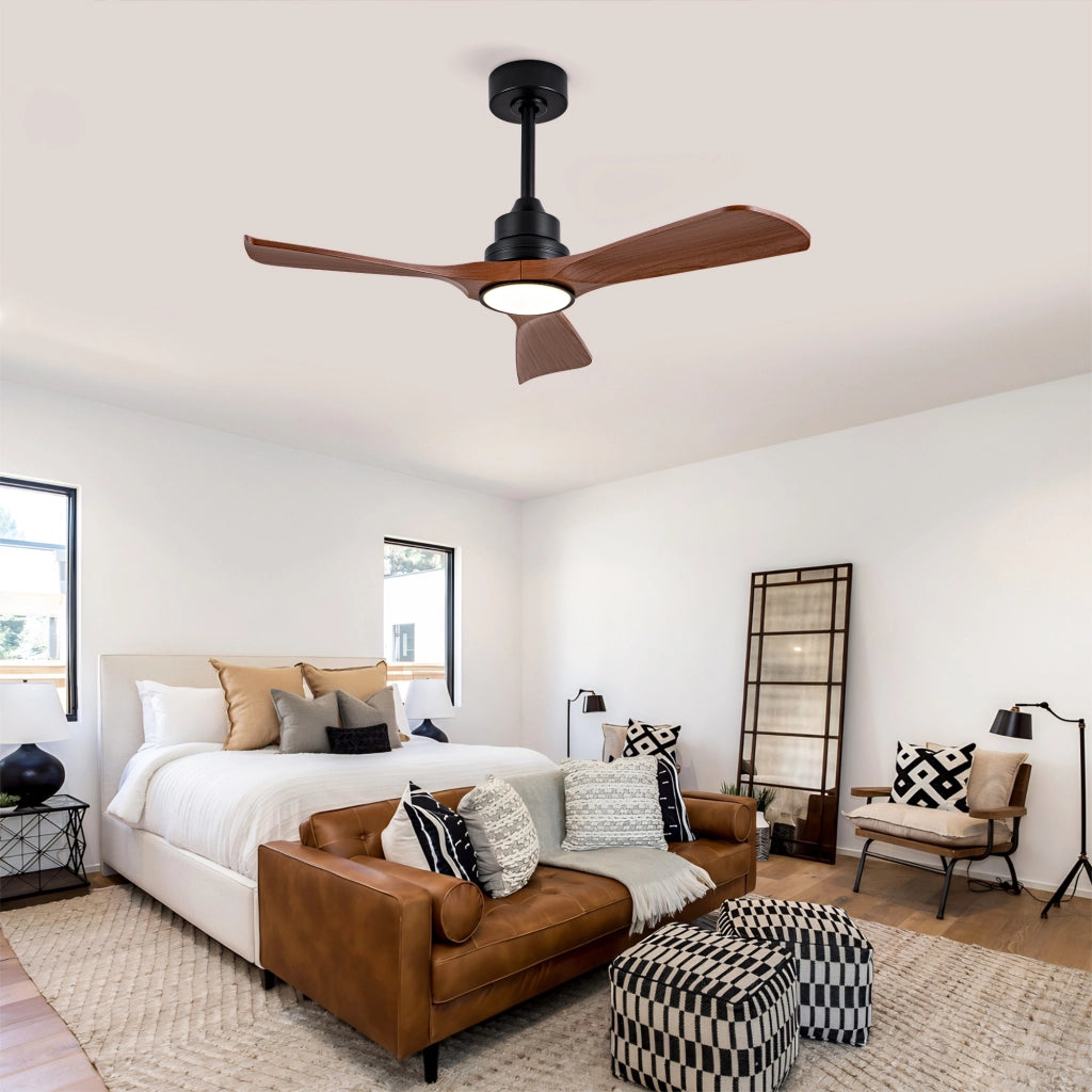 Ventilatore da soffitto 42 pollici con luce e telecomando, dimmerabile, design moderno color noce, motore DC silenzioso, per terrazze e uffici