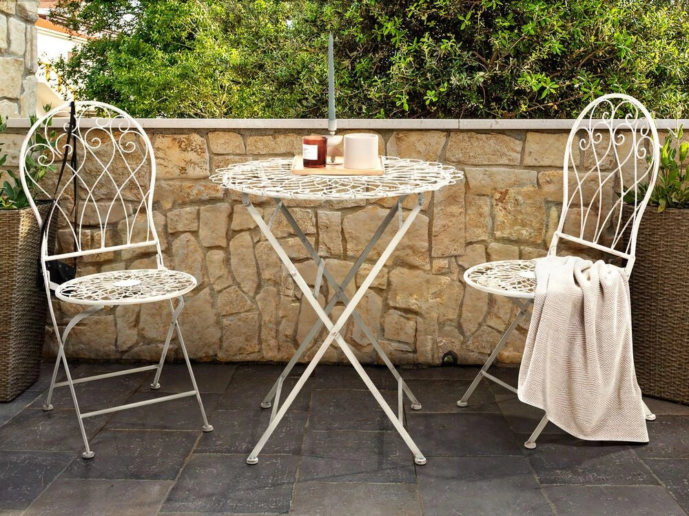 Set balcone giardino Tavolo e sedie 3 pezzi in metallo bianco con effetto invecchiato