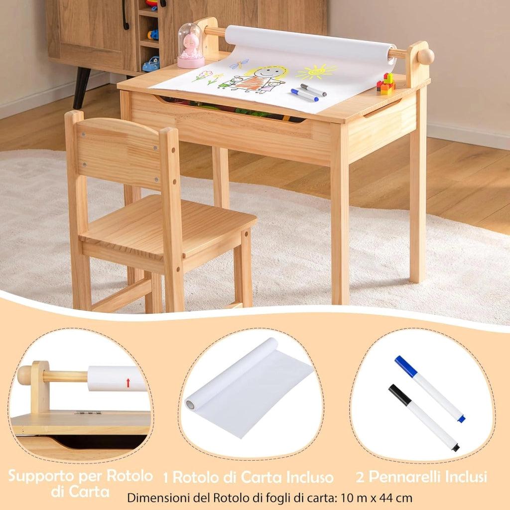 Set Tavolo e Sedia d’Arte per Bambini 3+ Anni, Scrivania in Legno di Pino da Disegno con Portarotolo, Piano Ribaltabile & Vano Portaoggetti, Rotolo di Carta (10m) e 2 Pennarelli (Naturale)