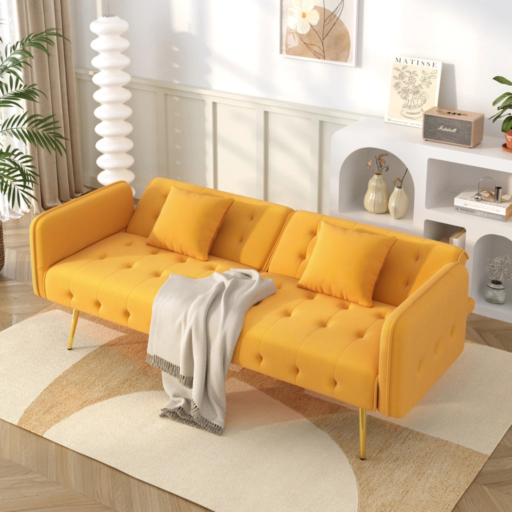 Divano Letto 2 Posti con Schienale e Braccioli Regolabili; in Velluto e Schiuma; Giallo 215 × 81;5 cm