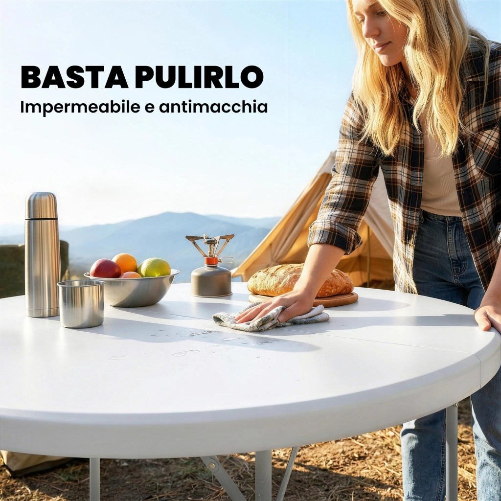 Tavolo da Campeggio Pieghevole Ø120x74 cm in Metallo e HDPE Bianco