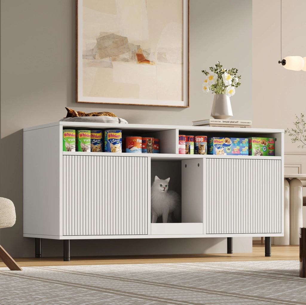 Mobile coprilettiera ULEVR 120x50x66 cm con 2 ante, tappetino raccogli sabbia e vani portaoggetti, bianco