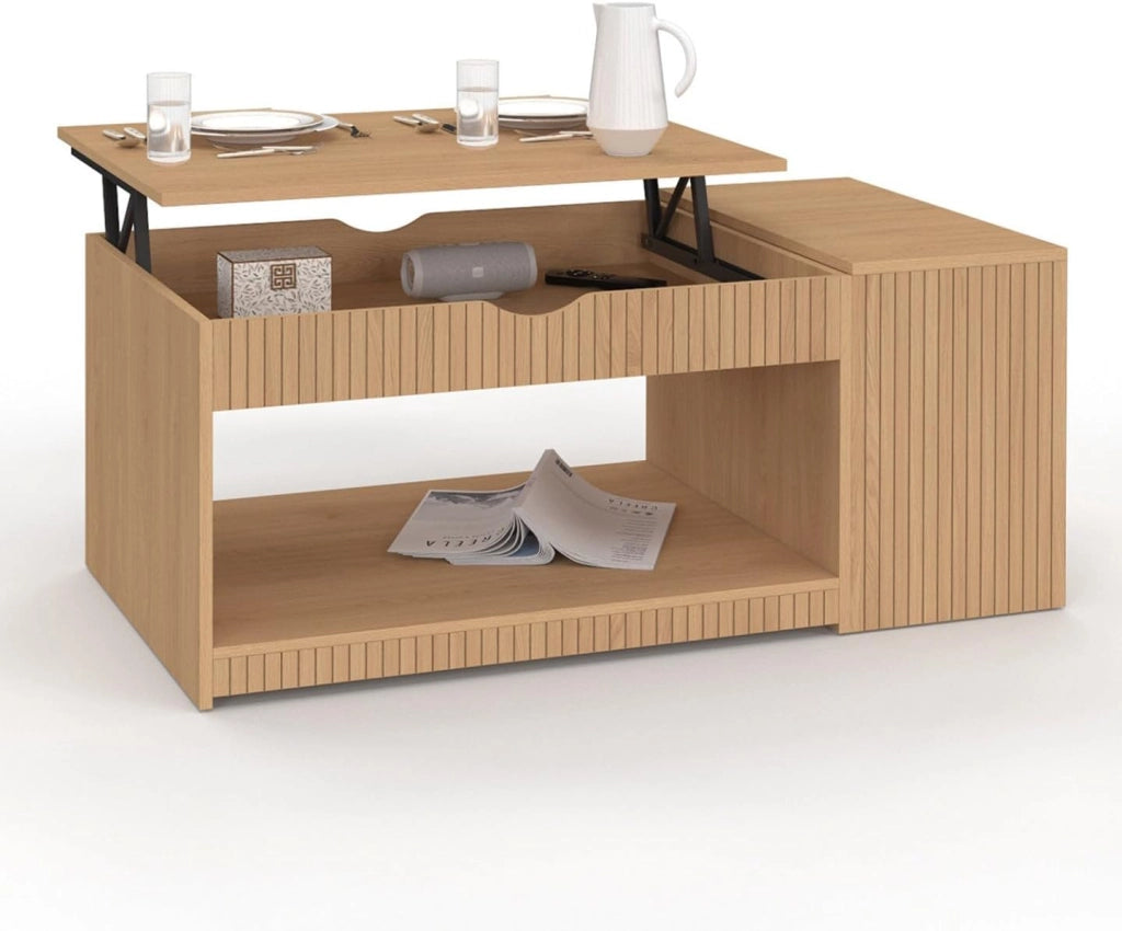 Tavolino rettangolare alzabile JULIETTE con cassa in legno a doghe color rovere