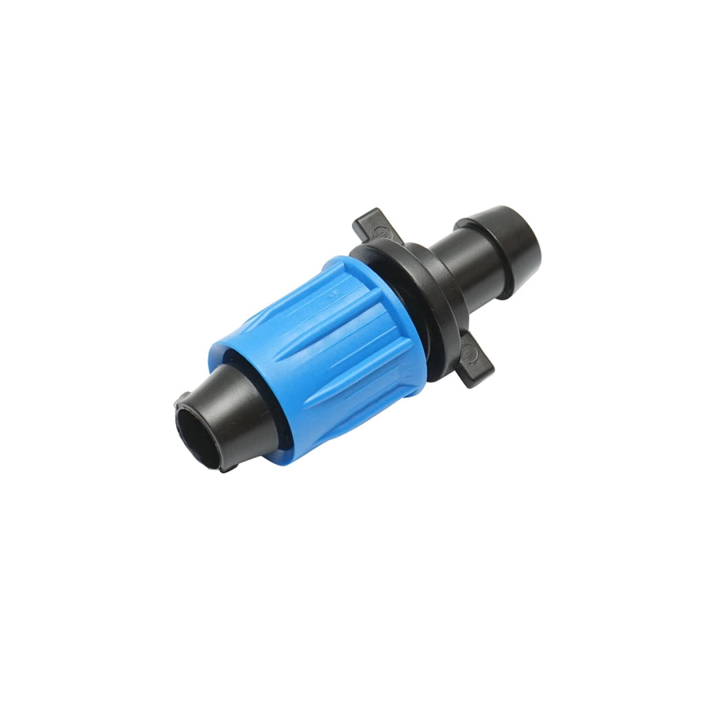 Raccordo con giunto per collegamento di tubo di gocciolamento D16x15mm per sistemi di irrigazione.