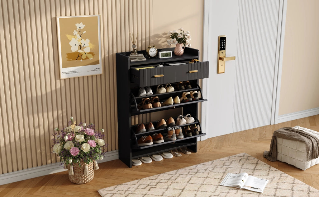 Scarpiera con 2 ante ribaltabili, 1 cassetto e vano aperto, per ingresso, in truciolare, nero, 75 × 24 × 108,5 cm