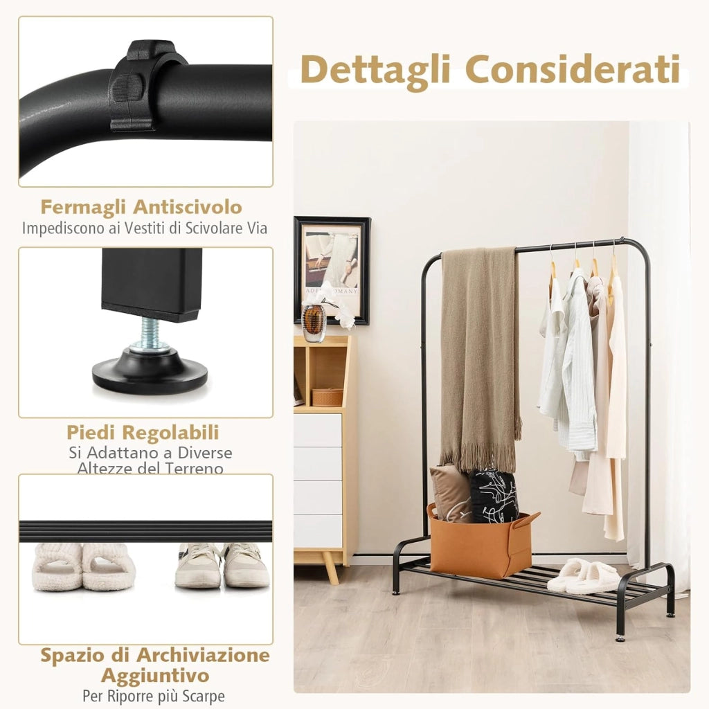 Stand Appendiabiti in Metallo, Appendiabiti da Terra con Barra Ripiano e Piedini Regolabili, Ideale per Camera da Letto e Soggiorno, 112x42x145 cm
