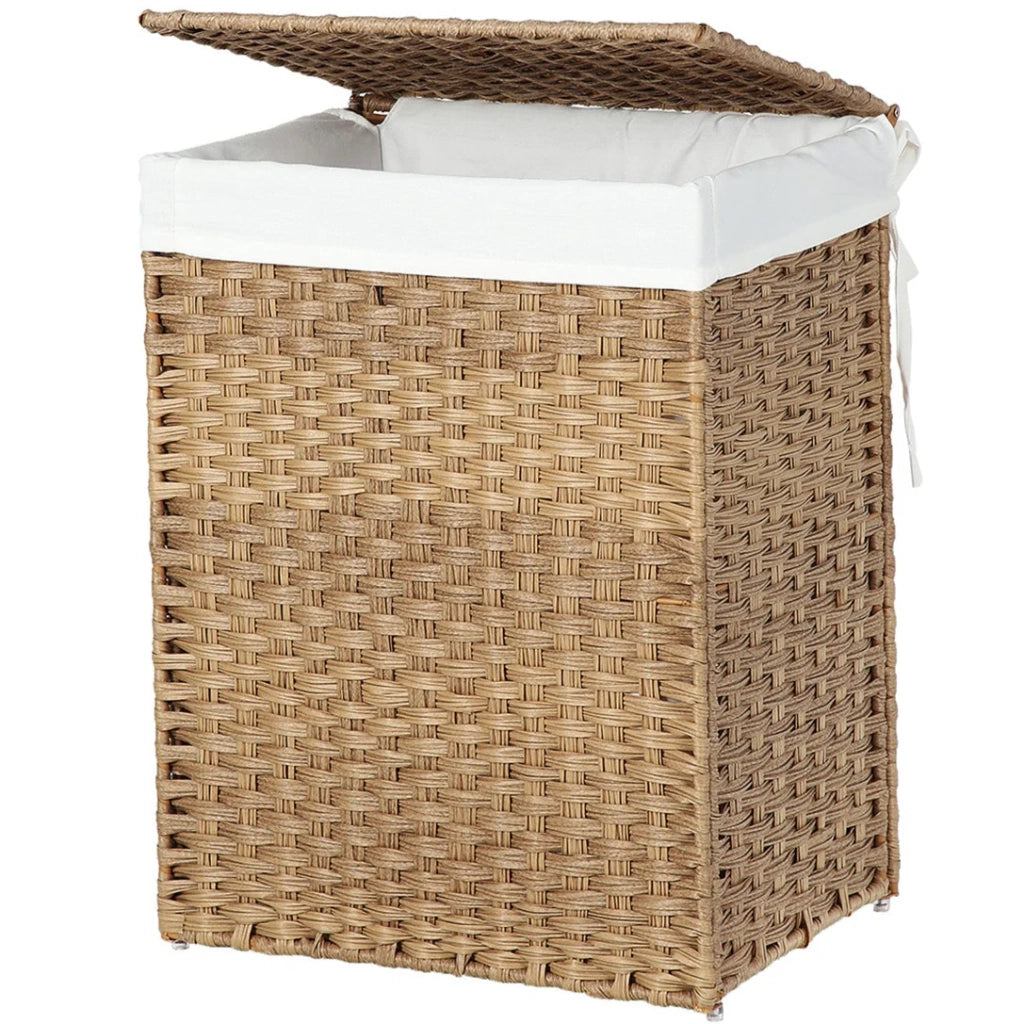 Cesto portabiancheria intrecciato a mano da 90 litri cesto portabiancheria in rattan sintetico con coperchio e manici pieghevole sacco interno rimovibile beige 12_0006700