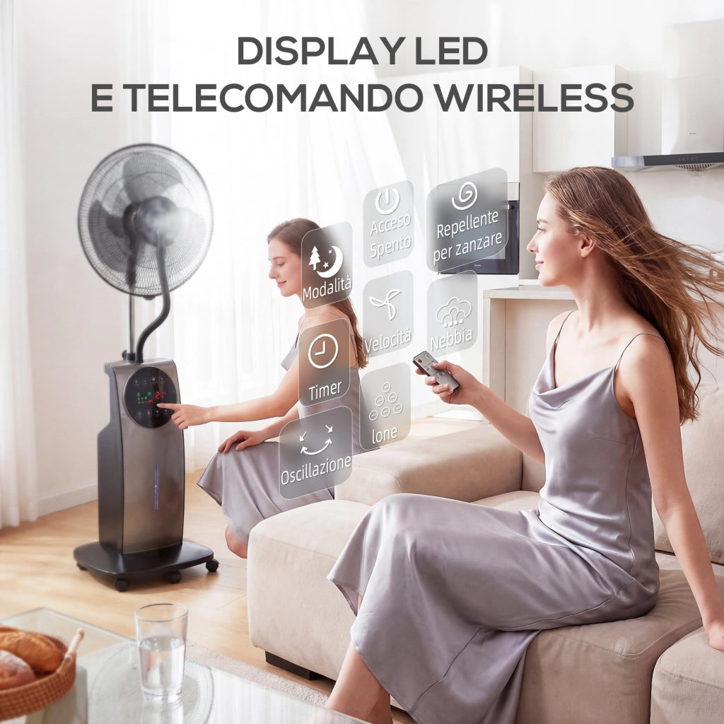 Ventilatore Nebulizzatore 90W con Serbatoio 3,1L 3 Modalità e 3 Velocità Oscillazione 70° e Timer