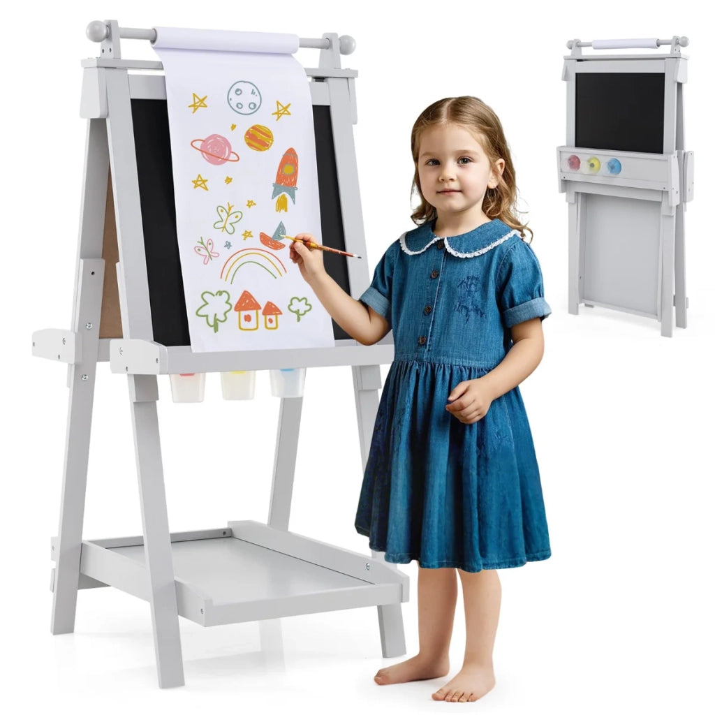 Cavalletto pieghevole bifacciale per bambini 55 x 66 x 106 a 126 cm con maggiore sicurezza e comodo spazio di archiviazione in MDF grigio 20_0018827