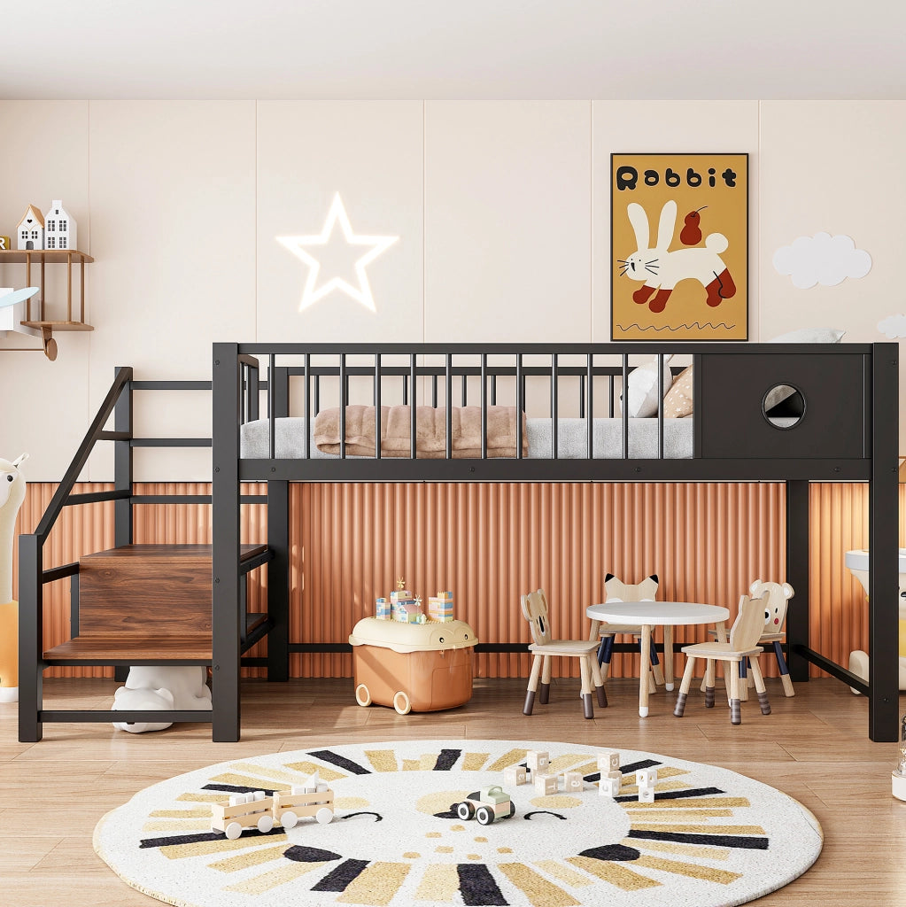 Letto rialzato basso in metallo 90x200 cm con scala contenitore
