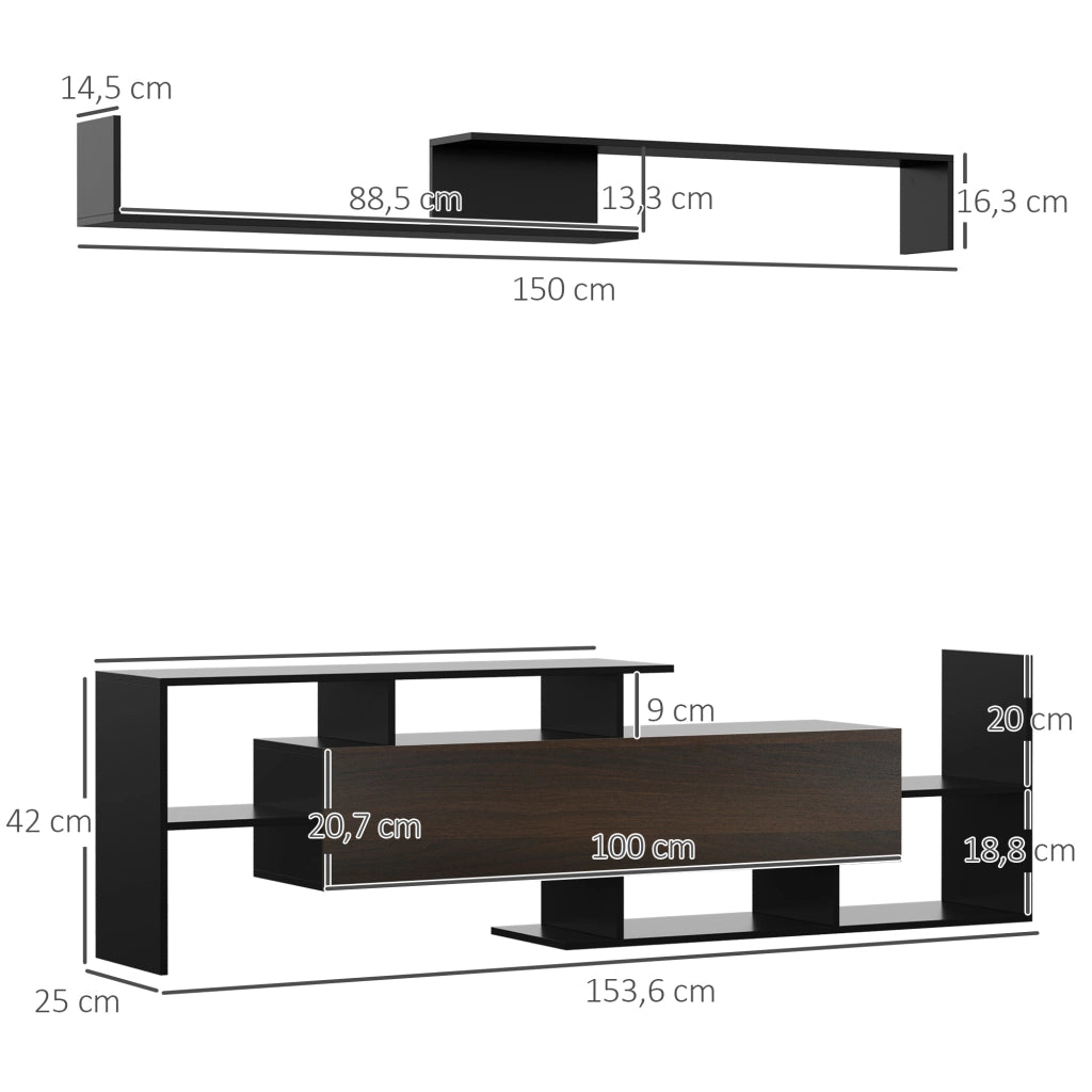 Mobile TV con credenza e scaffale a parete ¨C zephmum ¨C nero e marrone 153.6x25x42cm