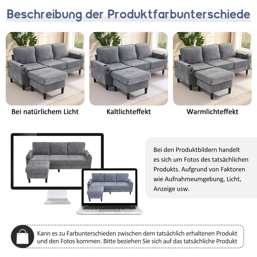 Divano Angolare 3 Posti con USB e USB-C, Portabicchieri e Tasche Laterali, in Lino Grigio 202 × 137 × 80 cm
