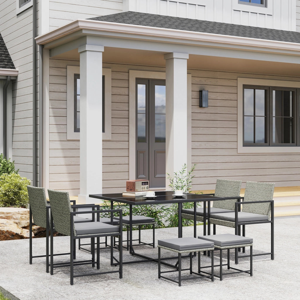 Set tavolo e sedie da giardino 8 posti ¨C zephmum ¨C polyrattan grigio con cuscini e piano vetro