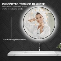 Specchio Bagno con Luce LED Regolabile, Antiappannamento e Display Tempo e Temperatura, Ø70 cm, Nero