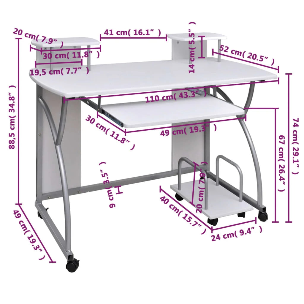 Scrivania per computer postazione di lavoro mobile per computer scrivania per studio 110 x 52 x 88,5 cm legno ingegnerizzato bianco 02_0023710