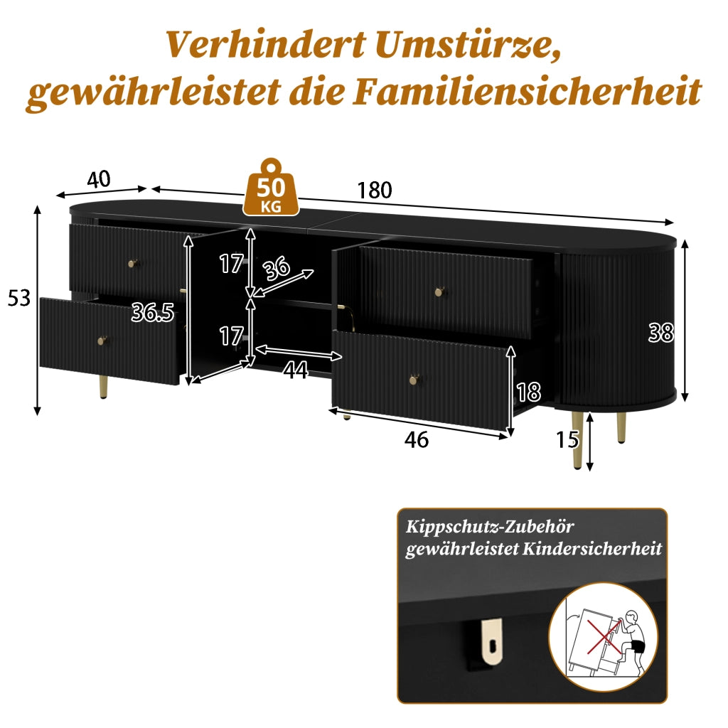 Mobile TV con ante a onde tridimensionali e cassetti; 180 x 40 x 38 cm; MDF nero
